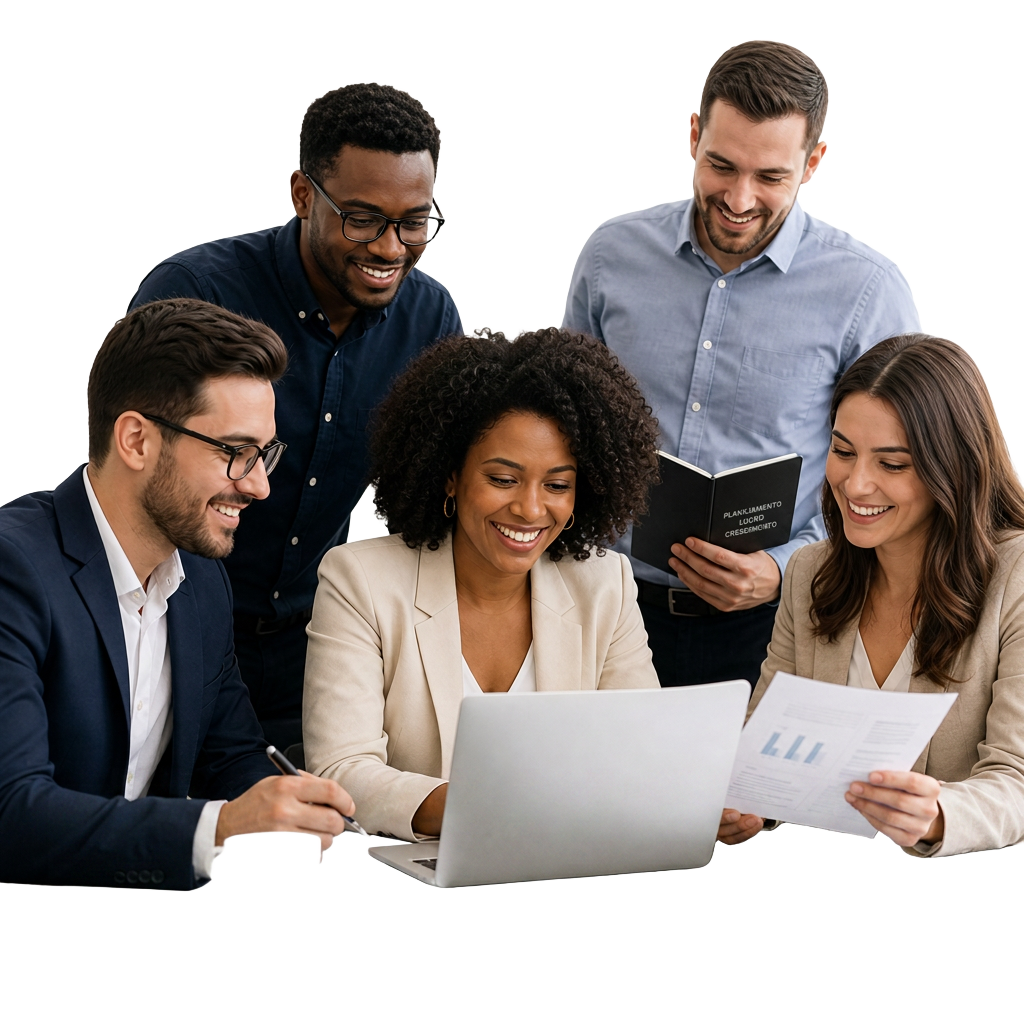 Grupo de contadores colaborando em uma mesa de trabalho